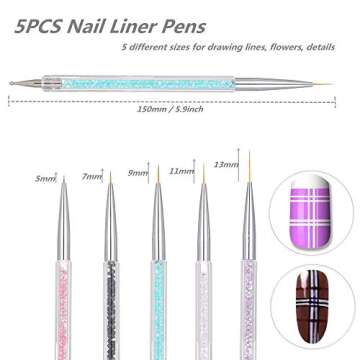FULINJOY 5 Pcs Nail Art Liner Brushes, Dual-ended Nail Art Point Drill Drawing Brush Pen Dotting Too...