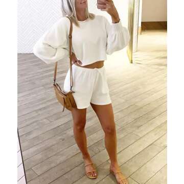 ZESICA Women's Casual Long Sleeve Solid Color Knit Pullover Sweatsuit 2 Piece Short Sweater Outfits Sets,White,Large