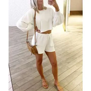 ZESICA Women's Casual Long Sleeve Solid Color Knit Pullover Sweatsuit 2 Piece Short Sweater Outfits Sets,White,Large
