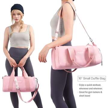 PHSYNI Compact Sports Gym Bag for Women Girls, Cute Mini Duffle Bag with Wet Pocket & Shoes Compartment, Personal Item Travel Workout Bag, 16"-Small, Pink