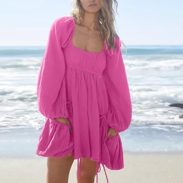 Shiyifa Women's Summer Mini Dress Square Neck Long Sleeves