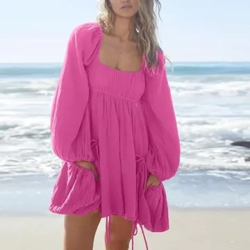 Shiyifa Women's Summer Mini Dress Square Neck Long Sleeves