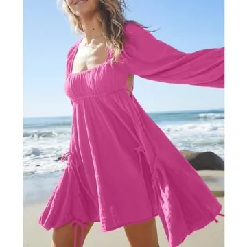 Shiyifa Women's Summer Mini Dress Square Neck Long Sleeves