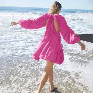 Shiyifa Women's Summer Mini Dress Square Neck Long Sleeves