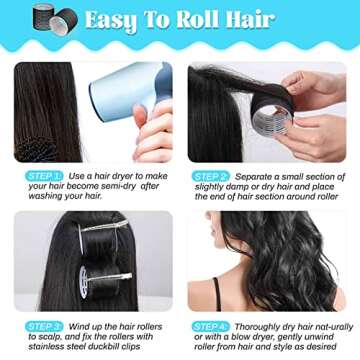 Jumbo Hair Curlers Rollers, 12Pcs Hair Roller Curlers Self Grip Holding Rollers with12 Stainless Steel Duckbill Clips for Long Hair Volume (Black)