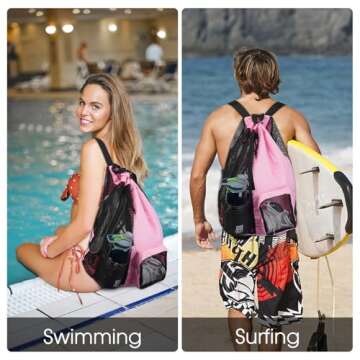 WANDF Swim Bag Mesh Drawstring Backpack with Wet Pocket Beach Backpack for Swimming, Gym, and Workou...