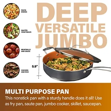 Gotham Steel Nonstick Deep Saute Pan with Lid – 5.5 Quart Large Ceramic Jumbo Cooker 12 Inch Frying Pan with Lid, Stay Cool Handle + Helper Handle, Oven & Dishwasher Safe, 100% PFOA Free