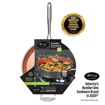 Gotham Steel Nonstick Deep Saute Pan with Lid – 5.5 Quart Large Ceramic Jumbo Cooker 12 Inch Frying Pan with Lid, Stay Cool Handle + Helper Handle, Oven & Dishwasher Safe, 100% PFOA Free