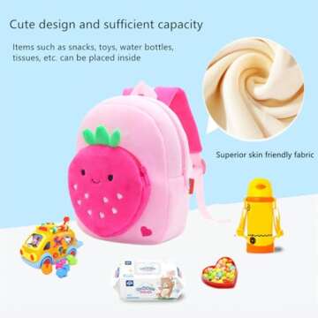 Yvechus Toddler Backpack Zoo Plush Mini Daypack Animal Cartoon Travel Bag for Baby Girl Boy (Strawberry)
