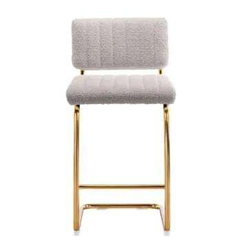 Zesthouse Mid Century Modern Counter Height Stools Set of 2, 26'' Upholstered Boucle Fabric Counter Barstools with Channel Tufting for Kitchen Island, Armless Bar Chairs with Backs & Gold Base, Grey