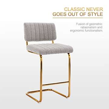 Zesthouse Mid Century Modern Counter Height Stools Set of 2, 26'' Upholstered Boucle Fabric Counter Barstools with Channel Tufting for Kitchen Island, Armless Bar Chairs with Backs & Gold Base, Grey