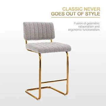 Zesthouse Mid Century Modern Counter Height Stools Set of 2, 26'' Upholstered Boucle Fabric Counter Barstools with Channel Tufting for Kitchen Island, Armless Bar Chairs with Backs & Gold Base, Grey