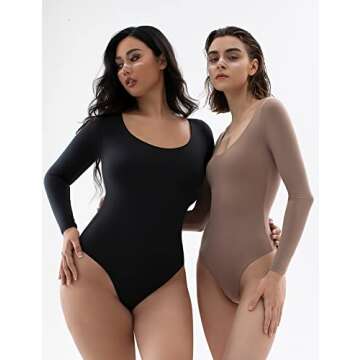 PUMIEY Long Sleeve Bodysuit For Women Sexy Scoop Neck Tops Body Suits Dupes Bodysuits Women Fashion Jet Black Large