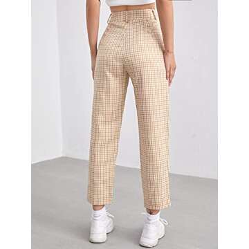 Floerns Women's Plaid Print High Waisted Cropped Straight Leg Pants with Pocket Khaki S