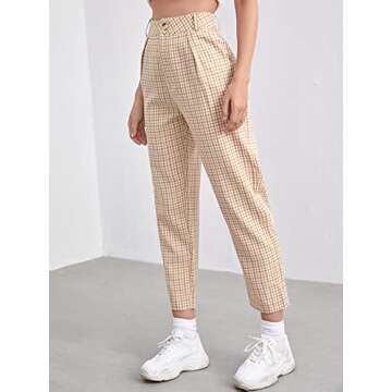 Floerns Women's Plaid Print High Waisted Cropped Straight Leg Pants with Pocket Khaki S