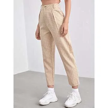 Floerns Women's Plaid Print High Waisted Cropped Straight Leg Pants with Pocket Khaki S