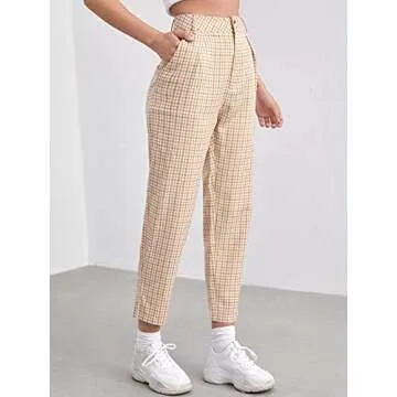 Floerns Women's Plaid Print High Waisted Cropped Straight Leg Pants with Pocket Khaki S