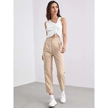 Floerns Women's Plaid Print High Waisted Cropped Straight Leg Pants with Pocket Khaki S