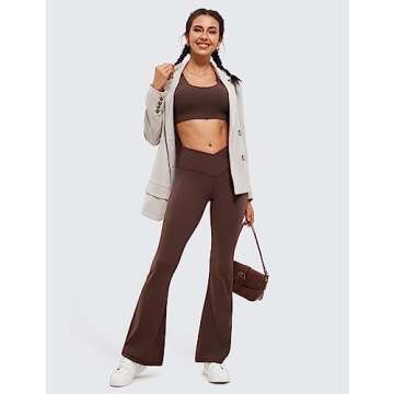 CRZ YOGA High Waist Crossover Flare Leggings for Women 31" - Bootcut Bell Bottoms V Cross Yoga Pants Taupe Small