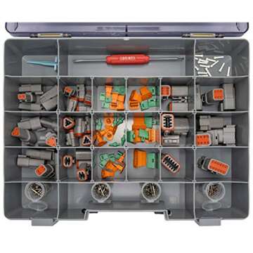 DELPHIKITS COMPANY DT-300 Deutsch Connector Kit with Crimp Tool: Gray Environmentally Sealed Automotive Electrical Connectors 14-20 Gauge 300 Piece Kit with 4-Way Indent Crimp Tool