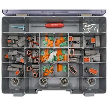 DELPHIKITS COMPANY DT-300 Deutsch Connector Kit with Crimp Tool: Gray Environmentally Sealed Automotive Electrical Connectors 14-20 Gauge 300 Piece Kit with 4-Way Indent Crimp Tool