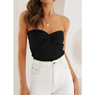 EFAN Womens Tube Tops Summer Sweater Twist Knot Front Knit Bandeau Strapless Ribbed Sleeveless Y2K Corset Crop Top Black S