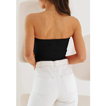 EFAN Womens Tube Tops Summer Sweater Twist Knot Front Knit Bandeau Strapless Ribbed Sleeveless Y2K Corset Crop Top Black S