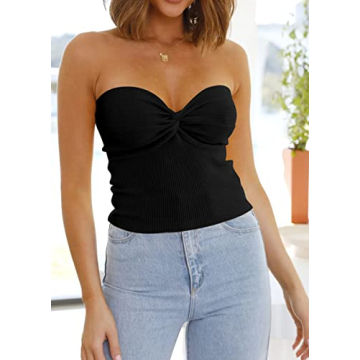 EFAN Womens Tube Tops Summer Sweater Twist Knot Front Knit Bandeau Strapless Ribbed Sleeveless Y2K Corset Crop Top Black S