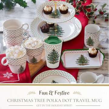 Spode Christmas Tree Travel Mug with Lid - 8 Oz Coffee Mug for Holiday Drinks, Dishwasher & Microwave Safe Ceramic Tumbler - Festive Christmas Design for On-The-Go (Polka Dot)