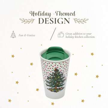 Spode Christmas Tree Travel Mug with Lid - 8 Oz Coffee Mug for Holiday Drinks, Dishwasher & Microwave Safe Ceramic Tumbler - Festive Christmas Design for On-The-Go (Polka Dot)
