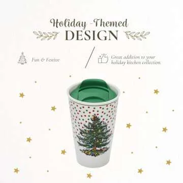 Spode Christmas Tree Travel Mug with Lid - 8 Oz Coffee Mug for Holiday Drinks, Dishwasher & Microwave Safe Ceramic Tumbler - Festive Christmas Design for On-The-Go (Polka Dot)