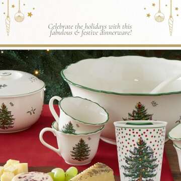 Spode Christmas Tree Travel Mug with Lid - 8 Oz Coffee Mug for Holiday Drinks, Dishwasher & Microwave Safe Ceramic Tumbler - Festive Christmas Design for On-The-Go (Polka Dot)