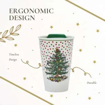 Spode Christmas Tree Travel Mug with Lid - 8 Oz Coffee Mug for Holiday Drinks, Dishwasher & Microwave Safe Ceramic Tumbler - Festive Christmas Design for On-The-Go (Polka Dot)