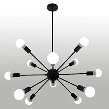 LynPon Sputnik Ceiling Light Fixture, 12 Lights Black Chandelier for Dining Room, Mid Century Chande...