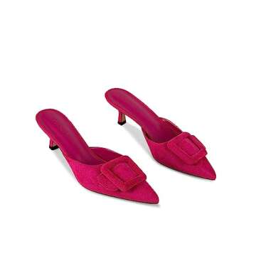 Fericzot Mule Slippers for Women,Slingback Buckle Pumps Pointed Toe Kitten Heels Shoes Slides Backless Dress Sandals Hot Pink 7