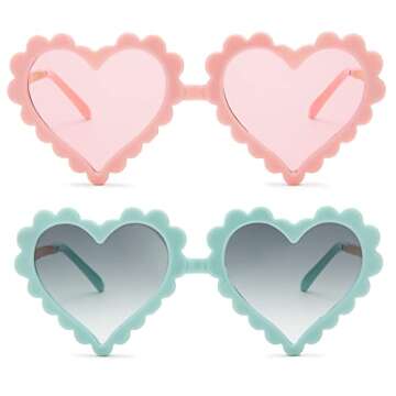 COASION Kids Heart Girls Sunglasses UV 400 Protection for Toddler Party Beach Shades Age 3-10 (Pink + Light Blue)