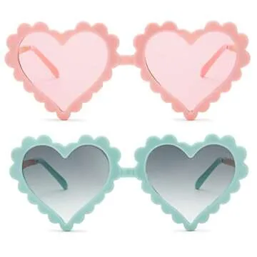 COASION Kids Heart Girls Sunglasses UV 400 Protection for Toddler Party Beach Shades Age 3-10 (Pink + Light Blue)