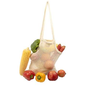 Reusable Mesh Grocery Shopping Bags - Organic Cotton Mesh Tote Bags - Net Farmers Market Bags with Reinforced Bottom - Mesh Mushroom Foraging Tote Bags - Portable Cotton French Market Tote (3 Bags)