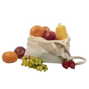 Reusable Mesh Grocery Shopping Bags - Organic Cotton Mesh Tote Bags - Net Farmers Market Bags with Reinforced Bottom - Mesh Mushroom Foraging Tote Bags - Portable Cotton French Market Tote (3 Bags)