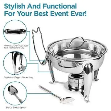 6 Quart Round Stainless Steel Chafing Dish with Bonus Slotted Spoon and Drip Tray for Lid | Keeps li...