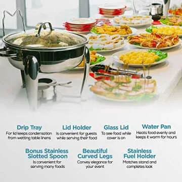 6 Quart Round Stainless Steel Chafing Dish with Bonus Slotted Spoon and Drip Tray for Lid | Keeps linens dry | For wedding, graduation, events, parties | Sterno holder