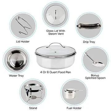 6 Quart Round Stainless Steel Chafing Dish with Bonus Slotted Spoon and Drip Tray for Lid | Keeps linens dry | For wedding, graduation, events, parties | Sterno holder