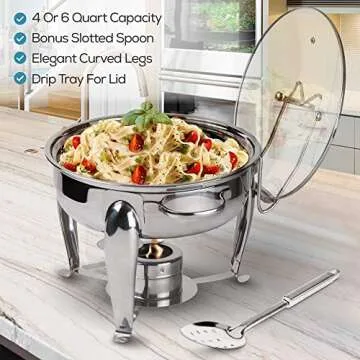 6 Quart Round Stainless Steel Chafing Dish with Bonus Slotted Spoon and Drip Tray for Lid | Keeps linens dry | For wedding, graduation, events, parties | Sterno holder