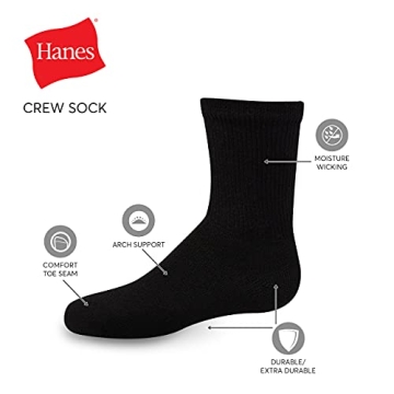 Hanes Boys' Double Tough Cushioned Crew Socks 12-Pack Black