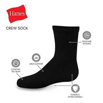 Hanes Boys' Double Tough Cushioned Crew Socks 12-Pack Black