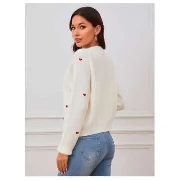 Cute Heart Print Button Down Cardigan - Verdusa Women's Knit Sweater in Beige