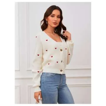 Verdusa Women's Heart Print Cardigan Cozy Knit Sweater