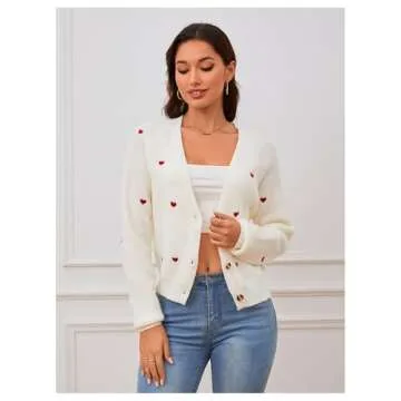 Verdusa Women's Heart Print Cardigan Cozy Knit Sweater