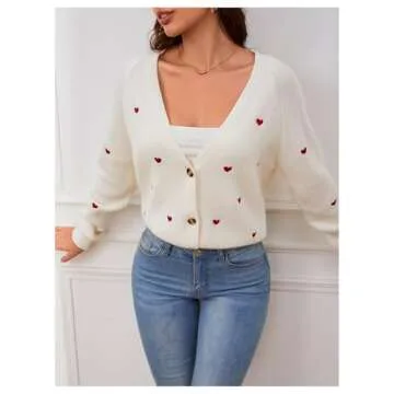 Verdusa Women's Heart Print Cardigan Cozy Knit Sweater