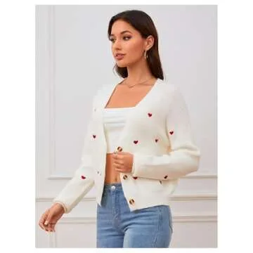 Verdusa Women's Heart Print Cardigan Cozy Knit Sweater